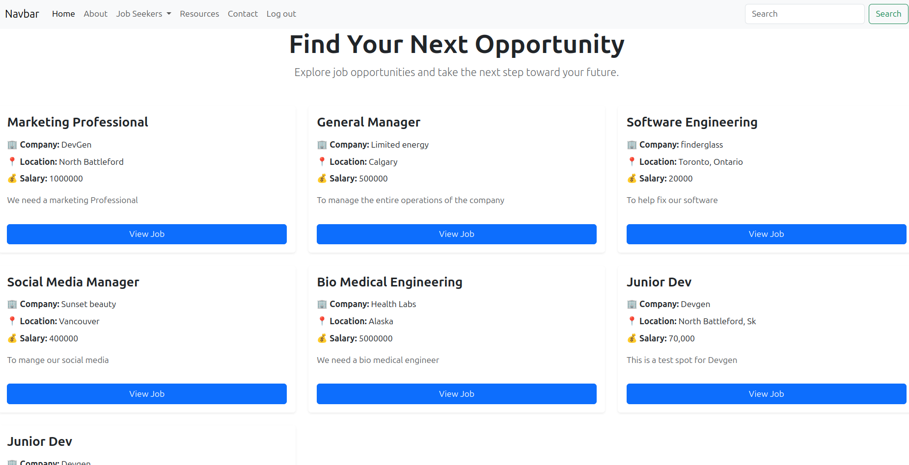 Youth Job Bank grid displaying jobs from the database