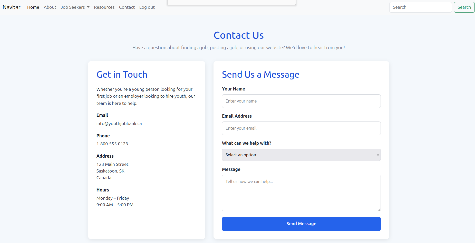 Youth Job Bank contact page